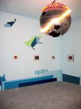 Franz Ackermann, faceland III, 2003, 1 lamp (aluminium, lightbulbs, cable), 100 cm; ca. 90 kg, 10 drawings, mixed media on paper, 1 c-print, 20 x 30 cm, 1 wallpainting, dimensions variable, 1 object (bag with empty bottles) Franz Ackermann, faceland III, 2003, 1 lamp (aluminium, lightbulbs, cable), 100 cm; ca. 90 kg, 10 drawings, mixed media on paper, 1 c-print, 20 x 30 cm, 1 wallpainting, dimensions variable, 1 object (bag with empty bottles)