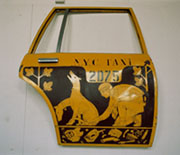 John Kindness, Scraping the surface, 1990, Etched painted steel (N.Y. taxi door), 112.5 x 87.5 cm, Collection Irish Museum of Modern Art, Purchase, 1991 John Kindness, Scraping the surface, 1990, Etched painted steel (N.Y. taxi door), 112.5 x 87.5 cm, Collection Irish Museum of Modern Art, Purchase, 1991