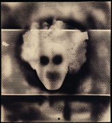 William Seward Burroughs, Andy Warhol: A Portrait, c. 1990, black spray paint over stencils of face and dots on Fabriano paper, 54.6 x 49.5 cm, The William Seward Burroughs Trust William Seward Burroughs, Andy Warhol: A Portrait, c. 1990, black spray paint over stencils of face and dots on Fabriano paper, 54.6 x 49.5 cm, The William Seward Burroughs Trust