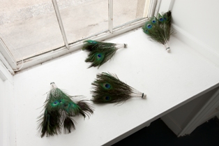 Peacock Shuttlecock, mixed media, dimensions variable