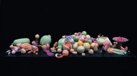 Caroline McCarthy, The Luncheon, 2002, Photograph of wet toilet paper sculpture (Sculpture: toilet paper of varying colour, water, black bin-bags, real stalks, fake flies, disposable tableware), 196 x 114 cm , Collection Irish Museum of Modern Art, Donated by A.I.B., 2002 Caroline McCarthy, The Luncheon, 2002, Photograph of wet toilet paper sculpture (Sculpture: toilet paper of varying colour, water, black bin-bags, real stalks, fake flies, disposable tableware), 196 x 114 cm , Collection Irish Museum of Modern Art, Donated by A.I.B., 2002