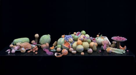 Caroline McCarthy, The Luncheon, 2002, Photograph of wet toilet paper sculpture (Sculpture: toilet paper of varying colour, water, black bin-bags, real stalks, fake flies, disposable tableware), Unframed: 196 x 114 cm, Collection Irish Museum of Modern Art, Donated by A.I.B., 2002