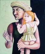David Godbold, Madonna and Child with Onlookers, 1992, Acrylic and sepia ink on canvas	, 70 x 58 cm, Purchase, Collection Irish Museum of Modern Art