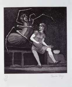 Paula Rego, Little Miss Muffet, 1989, Etching and aquatint, 23/50, 52 x 38 cm, Collection Irish Museum of Modern Art, Purchase, 1996 Paula Rego, Little Miss Muffet, 1989, Etching and aquatint, 23/50, 52 x 38 cm, Collection Irish Museum of Modern Art, Purchase, 1996