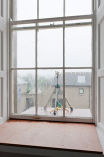 View of The Morse Code Sprinkers Test from the window of the Process Room, IMMA, 2010