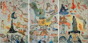 Nalini Malani, Appeasing Radha, 2006, Triptych, 183 X 122 cm each, overall size 185 X 366 cm, Acrylic and enamel reverse painting on acrylic sheet, Courtesy of the artist Nalini Malani, Appeasing Radha, 2006, Triptych, 183 X 122 cm each, overall size 185 X 366 cm, Acrylic and enamel reverse painting on acrylic sheet, Courtesy of the artist