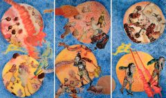 Nalini Malani, Talking About Akka, 2007, Tryptich, 183 cm x 100 cm each, overall size 185 X 300 cm, Acrylic and enamel reverse painting on acrylic sheet, Courtesy of the artist Nalini Malani, Talking About Akka, 2007, Tryptich, 183 cm x 100 cm each, overall size 185 X 300 cm, Acrylic and enamel reverse painting on acrylic sheet, Courtesy of the artist