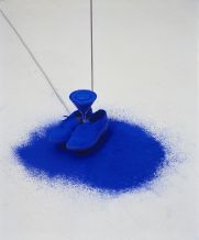 Rebecca Horn, Take Me to the Other Side of the Ocean, 1991, Shoes, glass funnel, blue pigment, metal construction and motor, Dimensions variable, Collection Irish Museum of Modern Art, Purchase, 2002 Rebecca Horn, Take Me to the Other Side of the Ocean, 1991, Shoes, glass funnel, blue pigment, metal construction and motor, Dimensions variable, Collection Irish Museum of Modern Art, Purchase, 2002