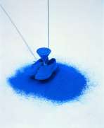 Rebecca Horn, Take me to the other side of the ocean, 1991, Shoes, glass funnel, blue pigment, metal construction and motor Rebecca Horn, Take me to the other side of the ocean, 1991, Shoes, glass funnel, blue pigment, metal construction and motor