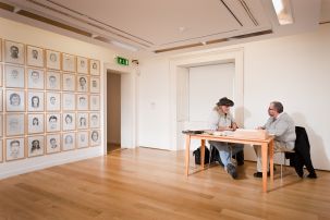 Rivane Neuenschwander, First Love, 2005, Pencil on paper, police sketch artist, table and chairs , 29 x 21 cm each, Installation view Irish Museum of Modern Art, Courtesy Inhotim Collection, Minas Gerais, Brazil, Photo © Denis Mortell