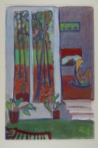 Tony O’Malley, Patio Reflections with Susie and interior, Paradise 2 Bahamas, 1980, Gouache, pastel and coloured chalks on paper, 77.5 x 52 cm, Heritage Gift from the McClelland Collection by Noel and Anne Marie Smyth, 2003